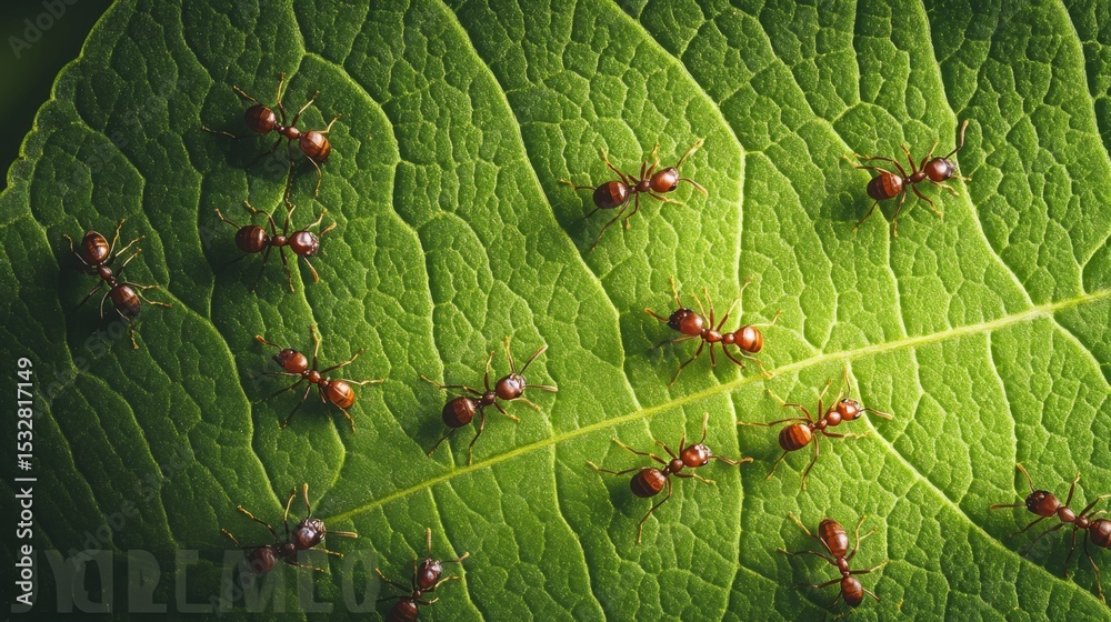 Aufkleber A group of ants exploring the surface of a large leaf, with the play of light and shadow enhancing the textures of both the insects and the foliage