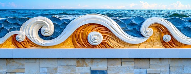 Stone Carving of Seigaiha Wave Pattern on Coastal Wall, Japanese Inspired Architecture, Carved Japanese Wave Pattern in Natural Stone, Textured Stone Wall with Japanese Wave Symbol