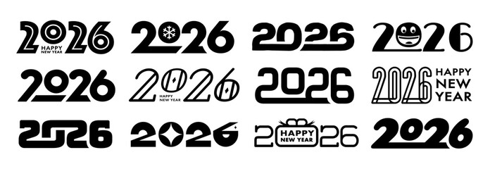 2026 new year logotype set vector black color. Design element for greeting card, invitation, calendar