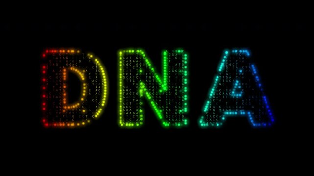Set of 2 seamless loopable glowing DNA typography animations with moving base letters A, T, C, G and vibrant gradient colors. Transparent background with alpha channel, science, biotech, tech visuals