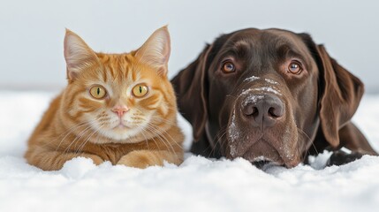 Ginger Cat and Chocolate Lab in the Snow
