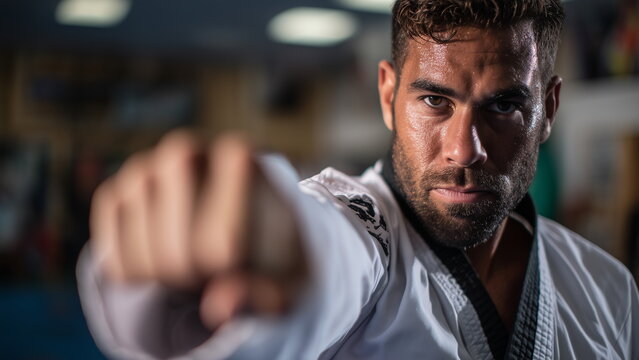 A taekwondo athlete delivering a powerful straight punch, traditional white dobok and black belt, training hall background slightly blurred for motion focus, serious facial expression.