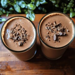 Two Glasses of Delicious Chocolate Smoothie Topped with Chocolate Shavings