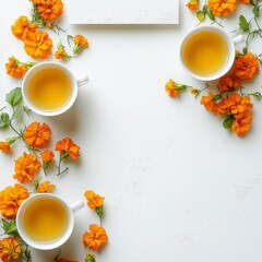 Serene Tea Break with Marigold Flowers