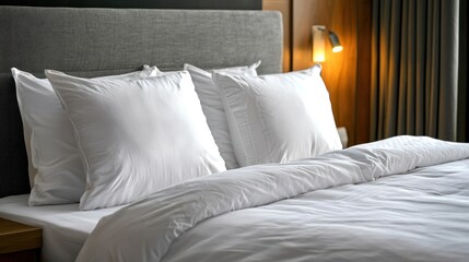 Luxury hotel bed with fluffed white pillows and crisp sheets
