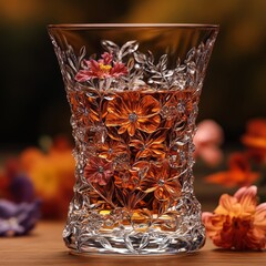 Ornate Floral Glass with Amber Liquid
