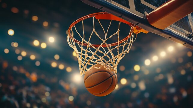 A high-resolution image of a basketball soaring through the hoop, with the net swishing and a vibrant court backdrop, capturing the excitement of the game. - Powered by Adobe