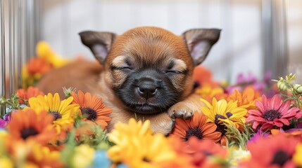 Adorable Sleeping Chihuahua Puppy Surrounded by Vibrant Flowers