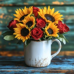 Rustic Mug of Sunflowers and Red Roses