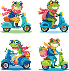cute frogs riding scooters illustration