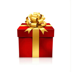 Obraz premium Red gift box with yellow ribbon and bow on white background 