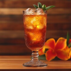 Iced Tea in Elegant Glass with Tropical Flower Garnish