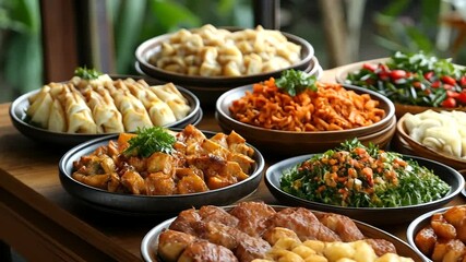 Delicious assortment of ethnic food on display for a culinary experience, ideal for food blogs