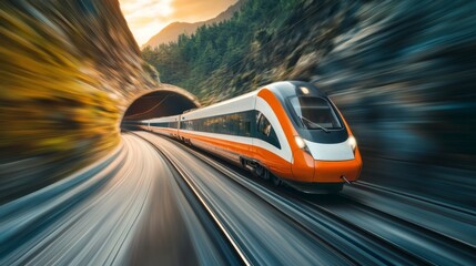 Obraz premium A high-speed train at full speed, passing through a tunnel in a mountainous region, with blurred motion capturing the sense of speed.