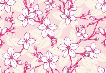 Delicate jasmine blossoms and leaves in a repeating line art pattern, perfect for textile design, wallpaper, leaves