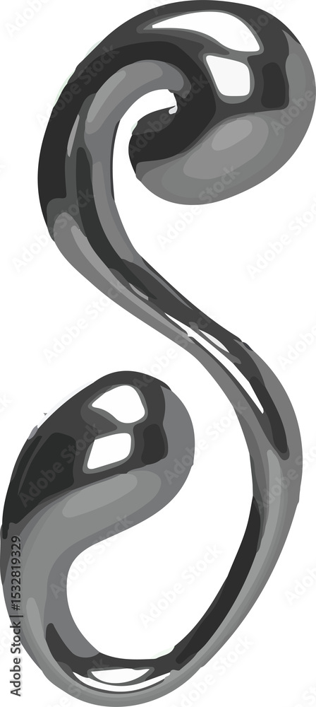 Poster chrome-finished twisted s-shaped form is floating against transparent backdrop in 3d render