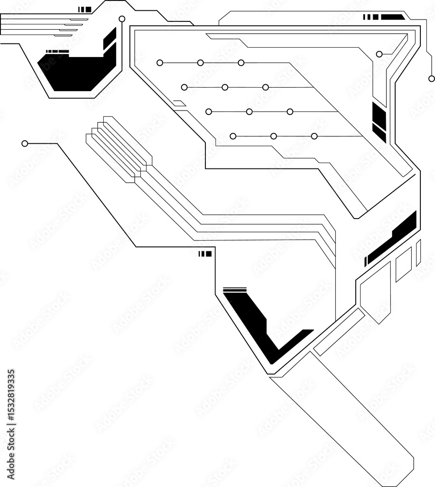 Poster abstract circuit pattern is showing flat design with black traces, nodes on transparent background
