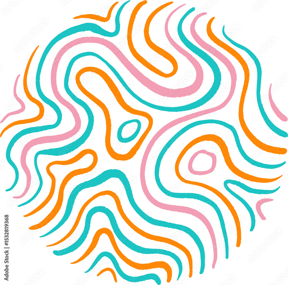 Poster abstract pattern is showing multicolored wavy contour lines in flat style on transparent backdrop
