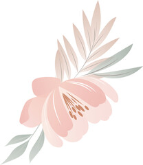 Stylized pink flower is opening in vector design, with pastel leaves on transparent background
