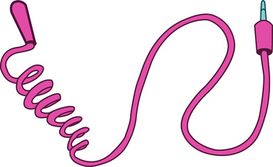 Flat design is showing pink coiled audio cable stretching with jack on transparent background