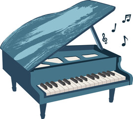 Flat design is showing blue grand piano with brushstroke lid, rising notes on transparent backdrop