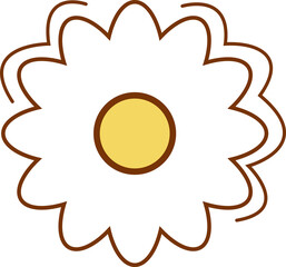 Stylized daisy-like flower is showing in flat design on transparent background, with squiggles