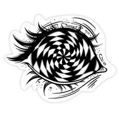 Stylized eye ink drawing is showcasing swirling spiral iris with lashes, transparent background