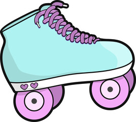 Cartoon pastel green roller skate is featuring lavender laces, pink wheels, transparent background