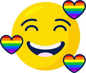Yellow smiling emoticon face is shining in flat style, with rainbow hearts, transparent background