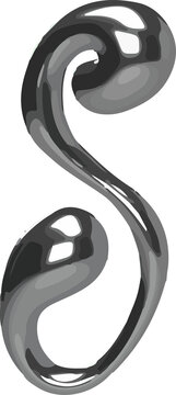 Chrome-finished twisted S-shaped form is floating against transparent backdrop in 3D render