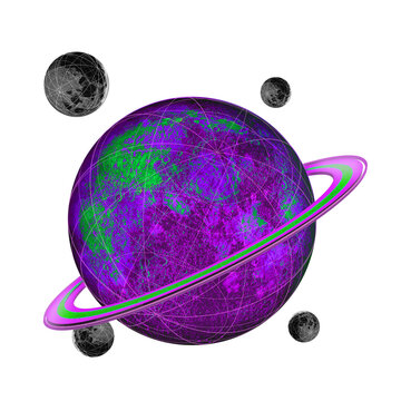 Naklejki Flat purple-green planet with rings and moons are orbiting on transparent background, grid overlay