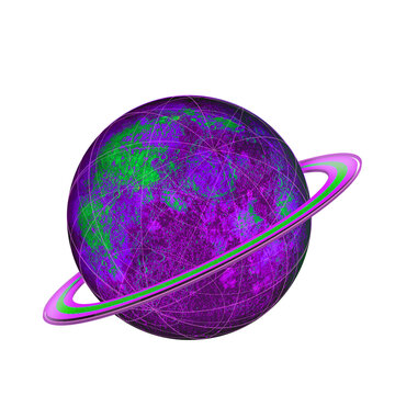 Naklejki Stylized ringed planet is floating in flat style with grid, bright bands, transparent background