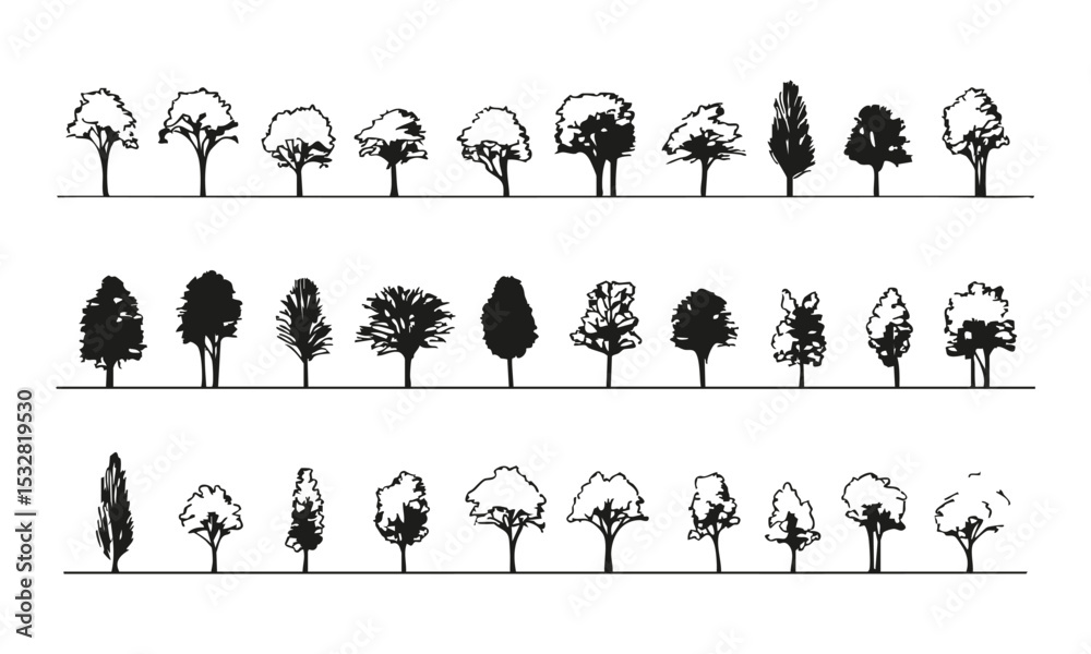 Wall mural tree silhouettes collection. landscape architecture and urban design elements set. isolated vector i