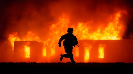 Silhouette of Soldier Running in Front of Burning Building in War Zone at Night