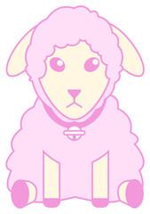 Flat design sheep is sitting on transparent background, showing pastel pink wool and bell collar