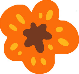 Flat vector flower is showing orange petals, yellow spots and brown center, transparent background