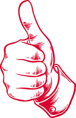 Red line art is showing hand giving thumbs-up with shirt cuff button, transparent background