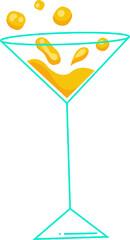 Vector art showing teal martini glass splashing yellow liquid droplets, transparent background