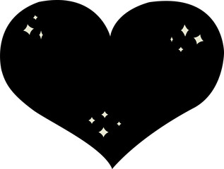 Stylized black heart is showing in flat design on transparent background, with pale yellow sparkles