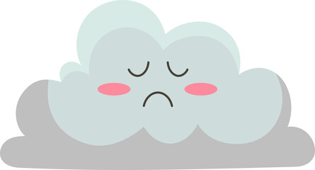 Sad-faced cartoon cloud is floating on transparent background, showing closed eyes and pink cheeks