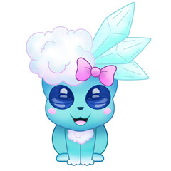 Flat pastel-blue creature is sitting with pink bow, tuft and crystal ears on transparent background