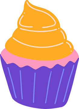 Naklejki Vector cupcake is showing purple wrapper, pink frosting, yellow icing swirl on transparent backdrop
