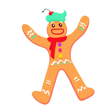 Naklejki Anthropomorphic gingerbread cookie is featuring candy buttons in flat art, transparent background