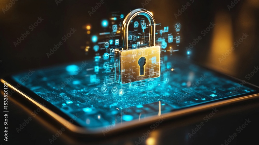 Poster A lock and key on a tablet screen, highlighting data protection and preventing unauthorized access to information.