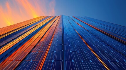 Solar panel layout abstract geometric interpretation metallic blues electric oranges flowing angular forms minimalist gradient sharp intersecting lines rhythmic