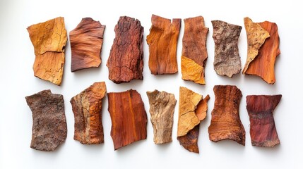 Sequoia bark detail pieces showcasing varied natural patterns from golden amber to deep reddish-brown colors arranged overhead on clean white surface