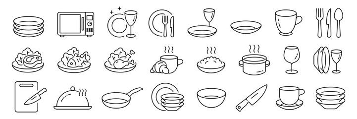Dish plate, Food bowl and Cooking utensils icon set. Tableware line icons. Fork, spoon knife cutlery, rill pan, microwave oven and dish with salad fish, meat steak, chicken, food plate, glass tea cup.