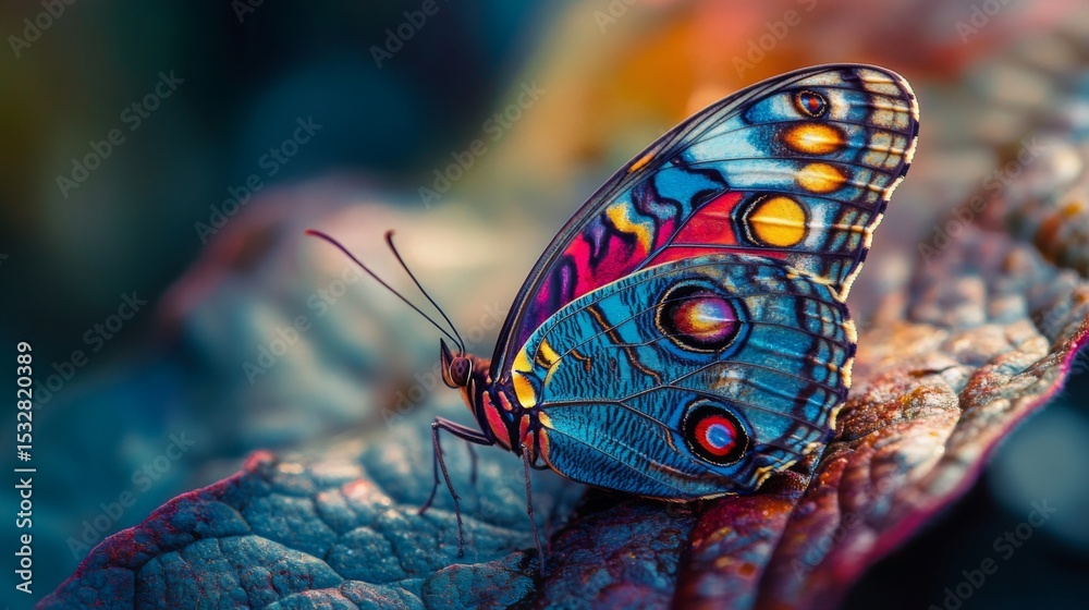 Poster A macro photograph of a butterfly resting on a leaf, with its colorful wings spread wide, emphasizing the intricate patterns and textures