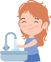 Hygiene Harmony: A cheerful young girl, with a warm smile, diligently washes her hands at a pristine sink, embracing personal cleanliness and health.