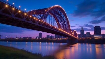 Lit Bridge Spanning River at Twilight with City Skyline in Background